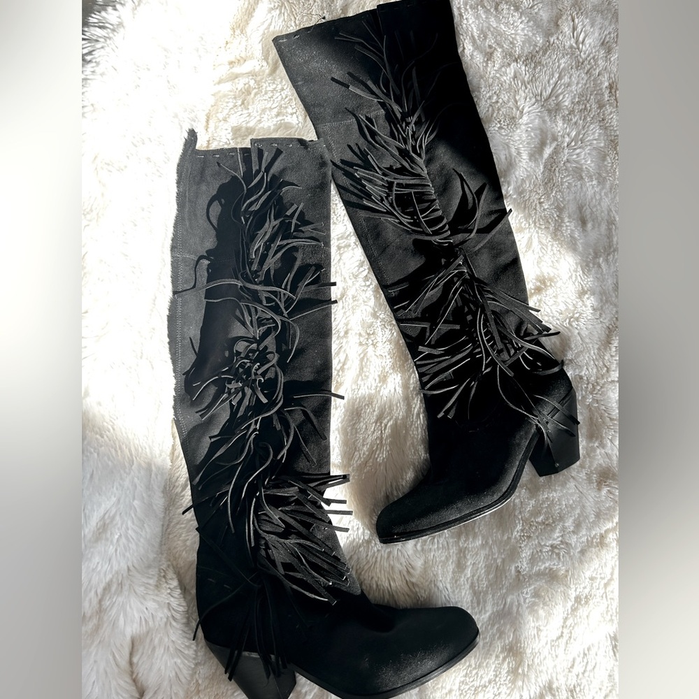 Sam Edelman Louella Black Fringe Knee-High Women's Boots